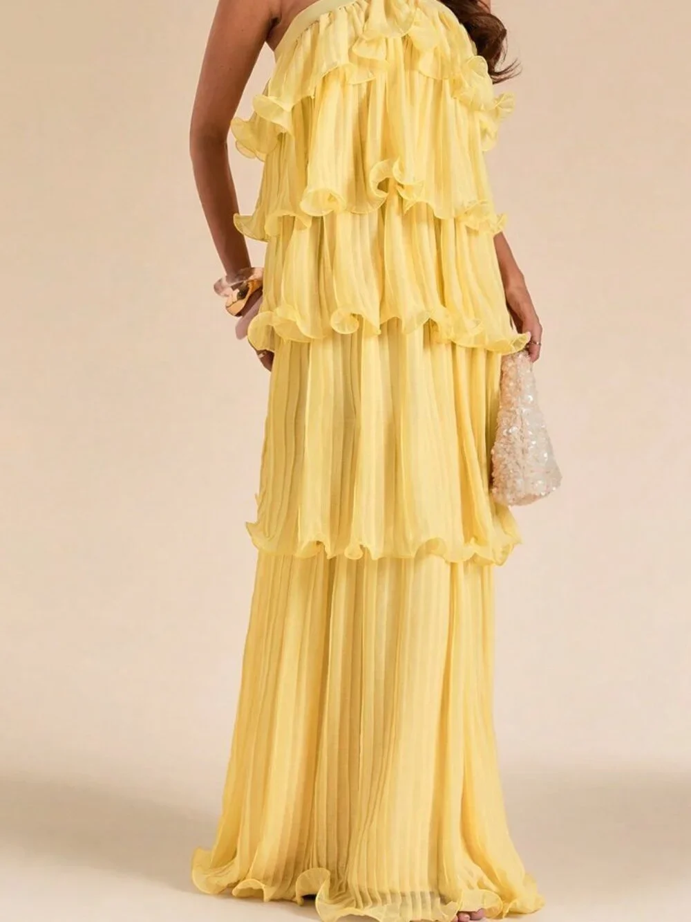 Light Yellow Sexy Women's Long Wide Ruffle Pleated Halter Neck Backless Dress
